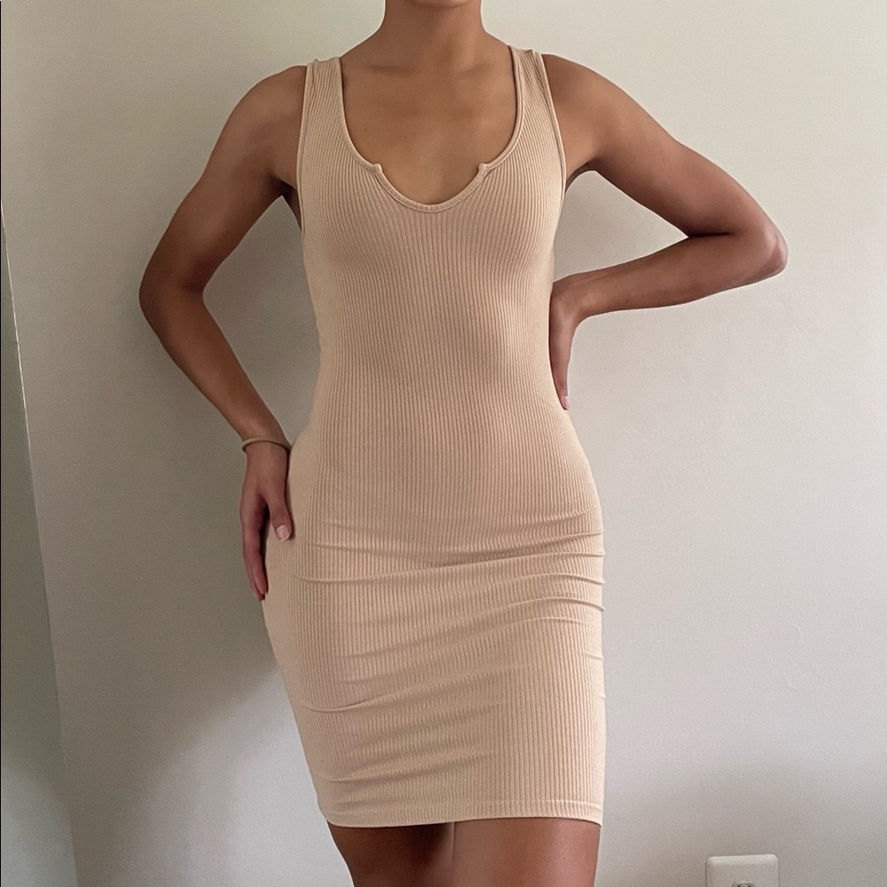 Nude Ribbed Scoop Neck Bodycon Dress